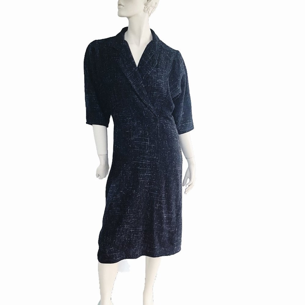 1980s Wool Dress, Size Medium, ELL-JAY Juniors Canada, V-Neck Black Winter Dress